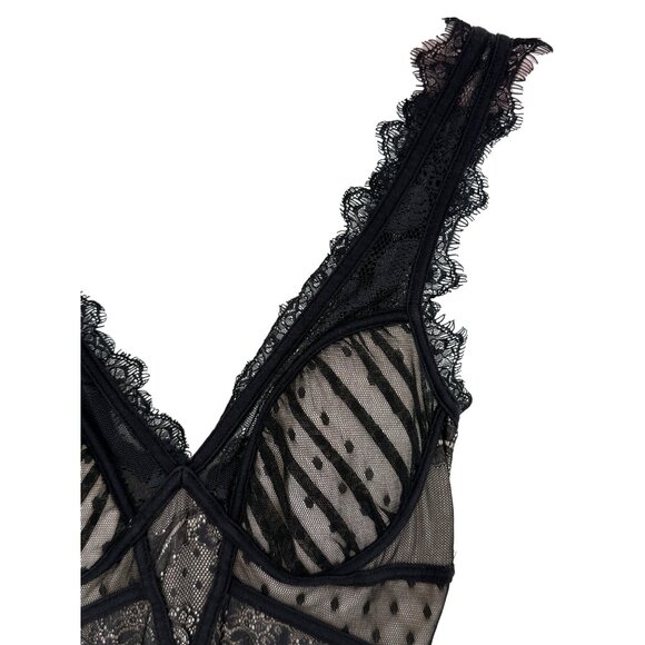 Vintage Bebe Nude & Black Lace Corset Style Mini Dress XS| Femme Fatale Coquette - Picture 3 of 16